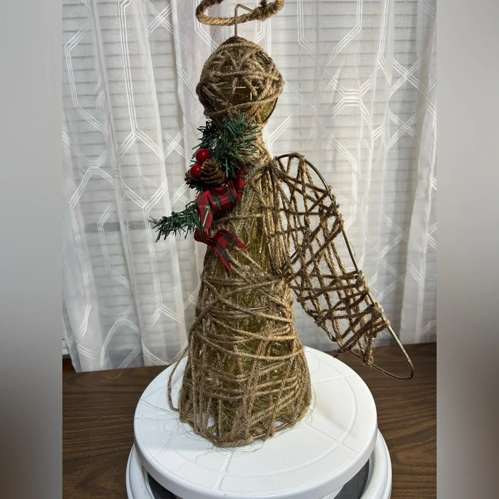 Rustic Holiday Angel Figurine with Green and Red Accents 16” H